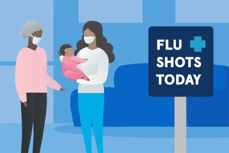 Two people and a baby in a waiting room that has a sign for "Flu Shots Today" Video about preventing the flu
