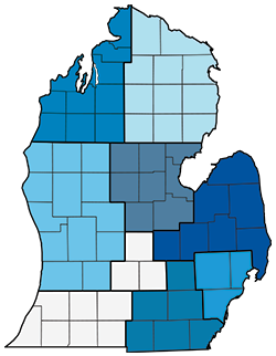  An image of the state of Michigan with counties covered by Blue Cross Complete shaded in blue. These counties are listed next to this image.